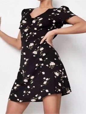 NWT Missguided black floral print half button mini tea dress Ditsy womens 8 new